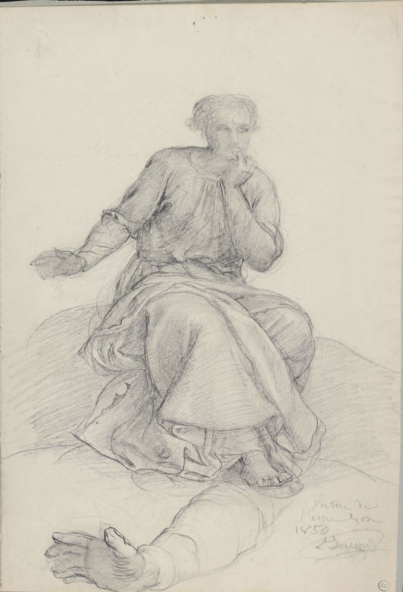 Étude d'homme assis le bras droit tendu, avec reprise du bras droit, Louis Janmot, 1860 Vers