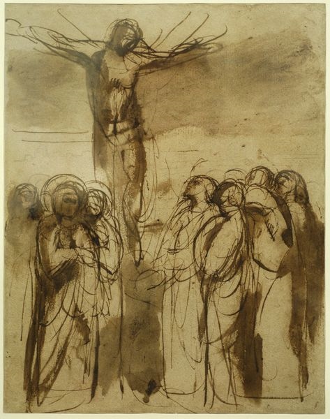 Christ sur la croix entouré de saints (recto) ; Croquis (verso), Louis Janmot, 3e quart 19e siècle