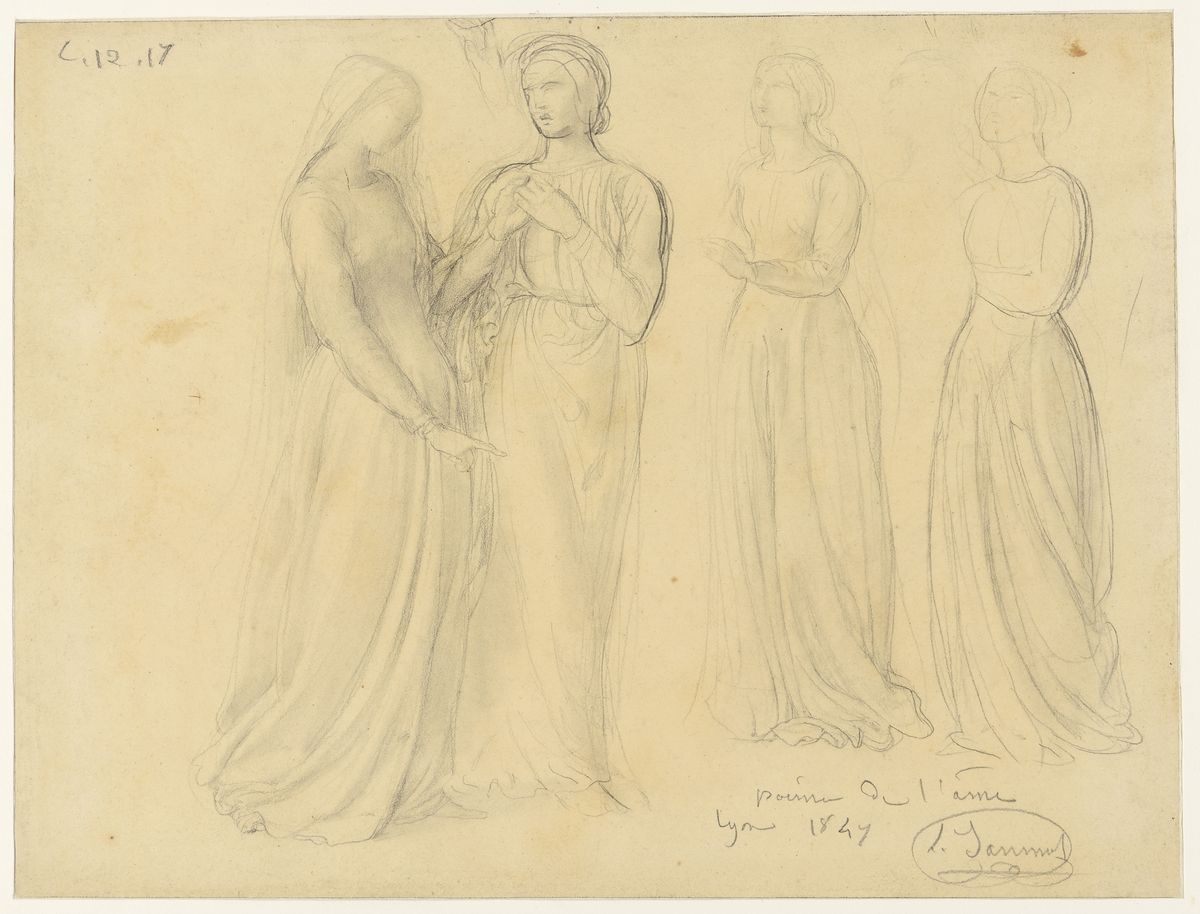Étude pour Les Fiancés et deux études de jeune femme debout tournée vers la gauche, Louis Janmot, 1847