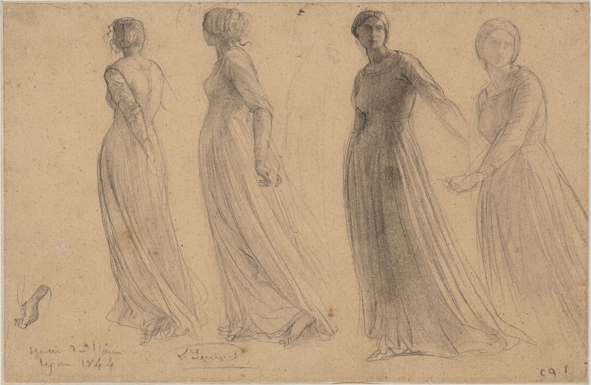 Quatre jeunes filles en robe longue et reprise d'un pied, Louis Janmot, 1844