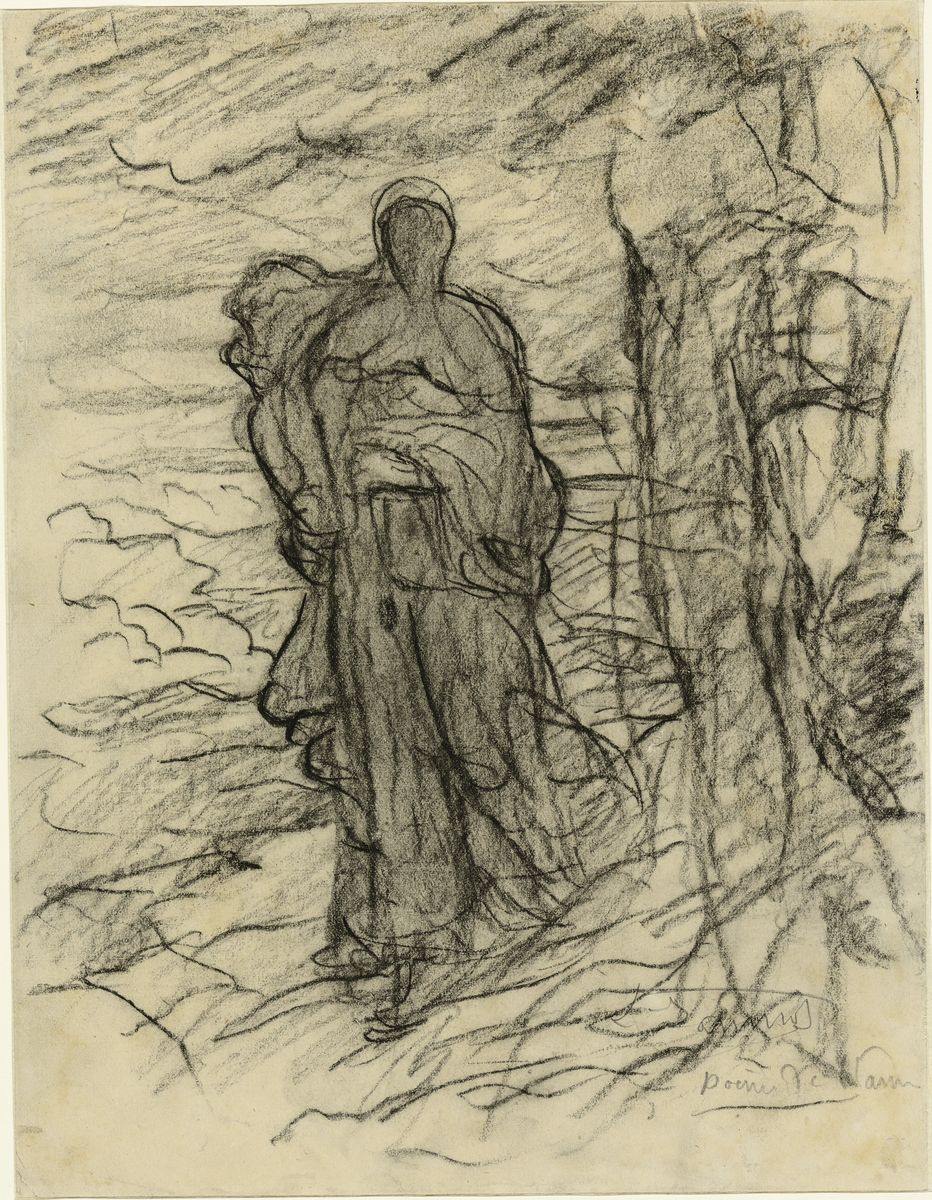Figure fantomatique marchant dans un paysage (recto) ; Étude de figure drapée (verso), Louis Janmot, 1866 Vers
