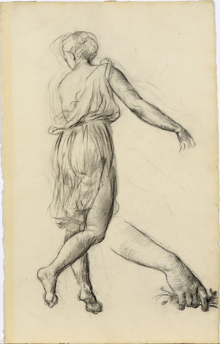 Étude de jeune femme drapée de dos, avec reprise du bras droit tenant des fleurs (recto) ; Croquis d'une figure masculine ramenant son bras droit vers son visage (verso), Louis Janmot, 1877 Vers