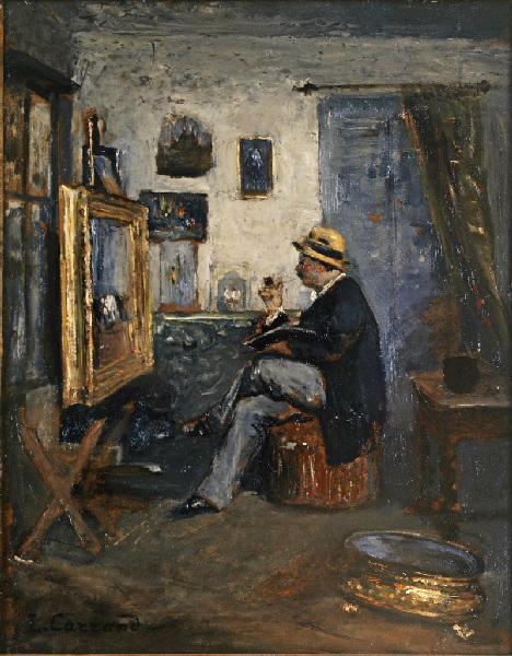 Atelier de Carrand ; Autoportrait à la pipe devant son chevalet, Louis Hilaire Carrand, 1880