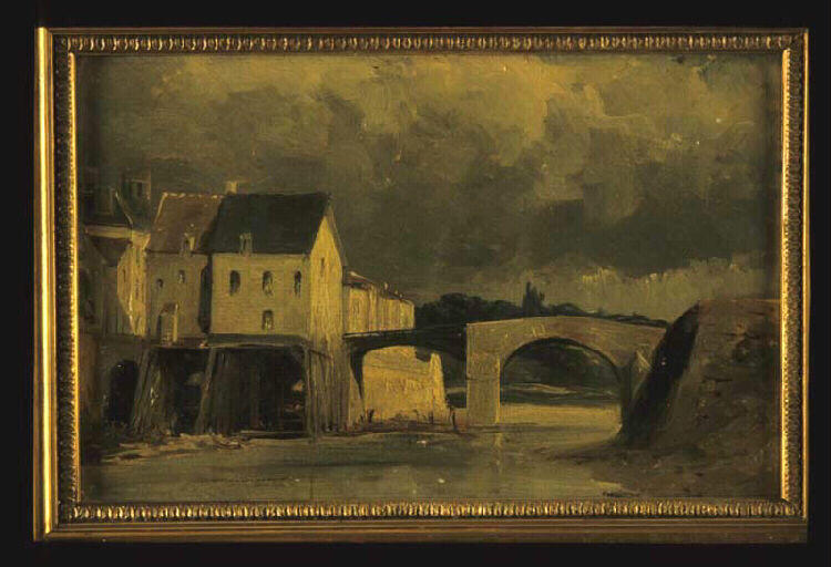 Paysage : maisons au bord d'une rivière, Eugène Modeste Edmond Lepoittevin, 19e siècle
