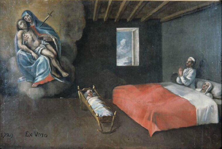 Ex voto 1729 : La Vierge tenant le Christ mort sur ses genoux apparaît à un couple alité_0