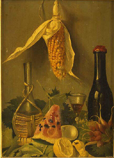 Nature morte : fruits, légumes et bouteilles de vin_0
