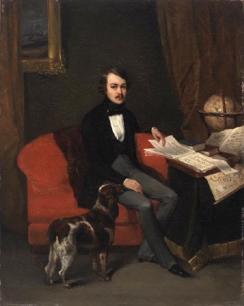 Portrait de Denis François de Kerveguen, mari d'Adèle Ferrand, avec le chien Caro (titre factice) ; Ancien titre : Le grand portrait de mon père, son chien Caro à ses côtés_0