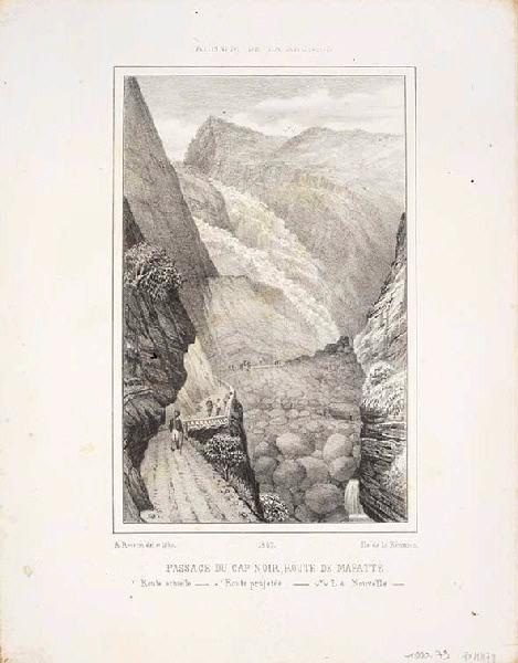 Passage du Cap Noir, route de Mafatte : route actuelle - route projetée - La Nouvelle, 1869