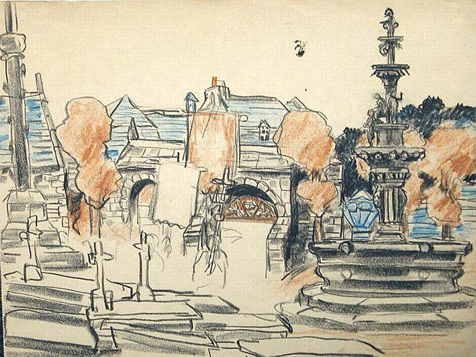 La fontaine de St Jean du Doigt et le cimetière pendant le pardon [titre attribué]_0