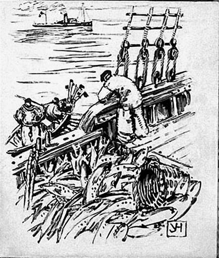 A Terre-Neuve, la morue à bord d'un voilier, au loin la 'Ville d'Ys' (sous-titre inscrit)_0