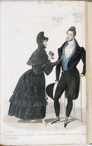 Domino en satin noir garni de blonde. Costume d'homme ; habit couleur conscience de l' Athénée 104 rue de Richelieu, planche XXVIII, La Mode, Tome 2 page 168 ; #Bonnet de velours brodé en or mat. Robe de chambre de cachemire. Gilet russe en peau de renne. Pantoufles en tapisserie au petit point dessins turcs. Habit de drap noir. Gilet de casimir blanc. Pantalon bleu clair, planche XXXVI, La Mode, tome 2, page 368_0