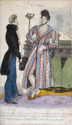 Domino en satin noir garni de blonde. Costume d'homme ; habit couleur conscience de l' Athénée 104 rue de Richelieu, planche XXVIII, La Mode, Tome 2 page 168 ; #Bonnet de velours brodé en or mat. Robe de chambre de cachemire. Gilet russe en peau de renne. Pantoufles en tapisserie au petit point dessins turcs. Habit de drap noir. Gilet de casimir blanc. Pantalon bleu clair, planche XXXVI, La Mode, tome 2, page 368_1