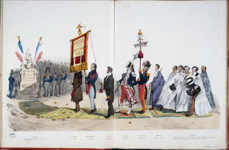 Croquades faites à l'audience du 14 novembre (Cour d'Assises), La Caricature, volume 3, numéro 56, 21 novembre 1831 ; #Procession à l'autel de la paix, planches 106 et 107, La Caricature, volume 3, numéro 53 du 3 novembre 1831_1
