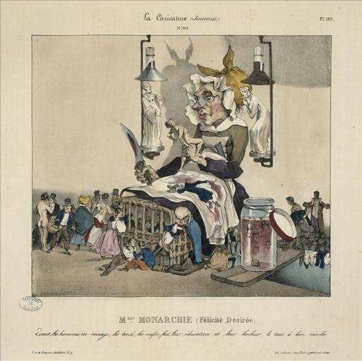 Le Charenton Ministériel, différentes monomanies des aliénés politiques, planches 166 et 167, La Caricature, volume 4, numéro 83 du 31 mai 1832 ; #Mademoiselle Monarchie (Félicité Désirée), planche 182, La Caricature, volume 4, numéro 90 du 26 juillet 1832 ; #Père Scie, planche 170, La Caricature, volume 4, numéro 85 du 14 juin 1832_1