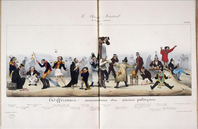 Le Charenton Ministériel, différentes monomanies des aliénés politiques, planches 166 et 167, La Caricature, volume 4, numéro 83 du 31 mai 1832 ; #Mademoiselle Monarchie (Félicité Désirée), planche 182, La Caricature, volume 4, numéro 90 du 26 juillet 1832 ; #Père Scie, planche 170, La Caricature, volume 4, numéro 85 du 14 juin 1832_0