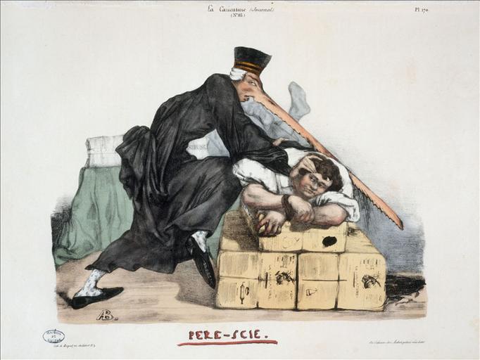 Le Charenton Ministériel, différentes monomanies des aliénés politiques, planches 166 et 167, La Caricature, volume 4, numéro 83 du 31 mai 1832 ; #Mademoiselle Monarchie (Félicité Désirée), planche 182, La Caricature, volume 4, numéro 90 du 26 juillet 1832 ; #Père Scie, planche 170, La Caricature, volume 4, numéro 85 du 14 juin 1832_2
