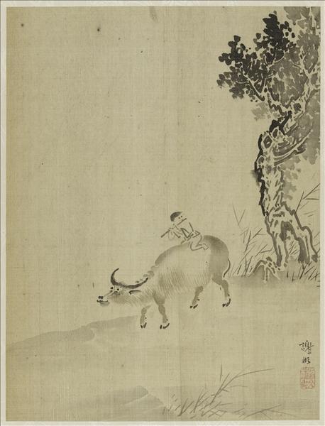 Album - Poisson, Lettré et domestique dans un paysage, Enfants jouant avec des marionnettes, Voyageur et serviteur dans un paysage enneigé, Zhong Kui, Enfant jouant de la flûte sur un buffle, Crabe, Immortels ivres, Vieillard et serviteur au pied d'une falaise, Fruits en décomposition, Pêcheur endormi, Hirondelle_1