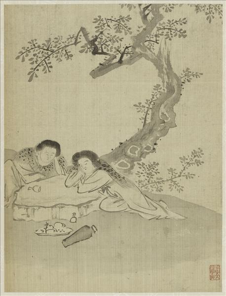 Album - Poisson, Lettré et domestique dans un paysage, Enfants jouant avec des marionnettes, Voyageur et serviteur dans un paysage enneigé, Zhong Kui, Enfant jouant de la flûte sur un buffle, Crabe, Immortels ivres, Vieillard et serviteur au pied d'une falaise, Fruits en décomposition, Pêcheur endormi, Hirondelle_3