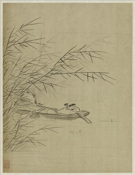 Album - Poisson, Lettré et domestique dans un paysage, Enfants jouant avec des marionnettes, Voyageur et serviteur dans un paysage enneigé, Zhong Kui, Enfant jouant de la flûte sur un buffle, Crabe, Immortels ivres, Vieillard et serviteur au pied d'une falaise, Fruits en décomposition, Pêcheur endormi, Hirondelle_6