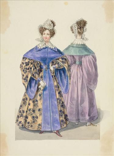 Elément d'un album de 77 aquarelles pour le Journal des Dames et des Modes, 1831-1832. Dessin pour le Journal des Dames et des Modes, n°70, 20 décembre 1831 - Planche 49 : Fichu en tulle à la Fanchon. Robe de chambre en chaly à manches pagodes et à pèlerine. Schall en peluche de soie_0