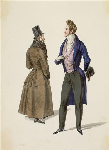 Elément d'un album de 77 aquarelles pour le Journal des Dames et des Modes, 1831-1832. Dessin pour le Journal des Dames et des Modes, n°69, 15 décembre 1832 - Planche 64 : Habit à boutons d'or. Gilet moiré. Pantalon de casimir. Pardessus garni d'astrakan et de tresses_0