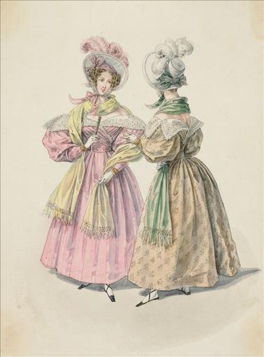 Elément d'un album de 77 aquarelles pour le Journal des Dames et des Modes, 1831-1832. Dessin pour le Journal des Dames et des Modes, n°53, 25 septembre 1832 - Planche 65 : Capotes à plumes et noeud. Robe de chaly satiné à corsage plissé. Echarpe_0