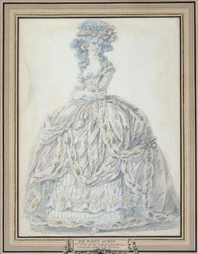 Dessin préparatoire pour la planche 378 du 2ème cahier de grandes robes d'étiquette de la cour de France faisant suite aux Costumes français, vers 1787, édités par J.Esnault et M.Rapilly : grande robe à la Reine, chapeau à la Milady_0