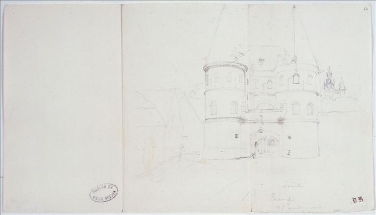 Carnet de voyage 22 juillet - 29 août 1834 : dessus de porte (folio.16 avec page vis à vis) ; Vannes (folio.23) ; Evêché de Beauvais, 28 août 1834, folio 60 (verso) et 61 (recto)_2