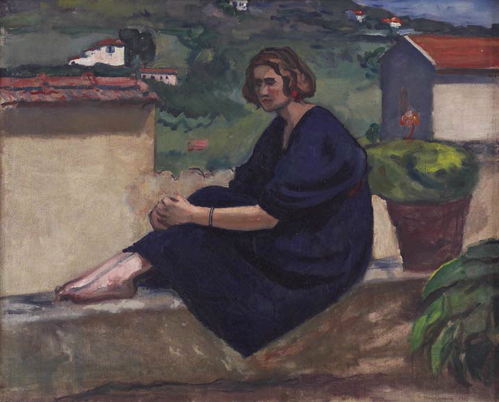 Georgina assise sur le mur du jardin, Lucien Mainssieux, 1920