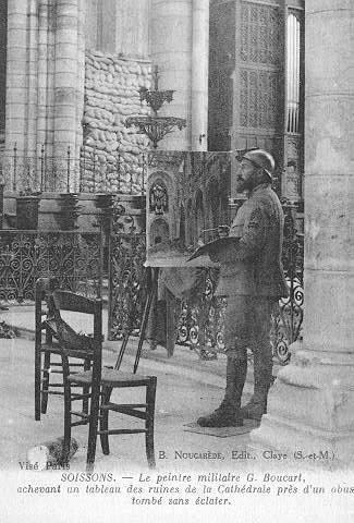 SOISSONS - LE PEINTRE MILITAIRE G BOUCART, ACHEVANT UN TABLEAU DES RUINES DE LA CATHEDRALE PRES D'UN OBUS TOMBE SANS ECLATER_0