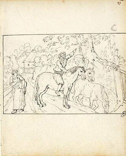Breton menant trois chevaux au pré et désignant un essaim d'abeilles (titre factice)_0