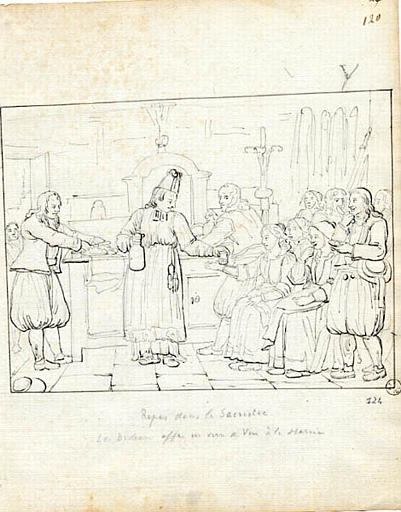 Repas dans la sacristie / le bedeau offre un verre de vin à la mariée (titre inscrit)_0