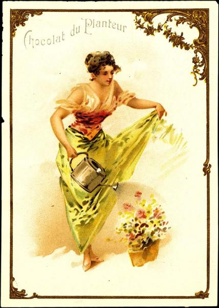 Femme debout arrosant un pot de fleurs avec un arrosoir (titre factice)_0