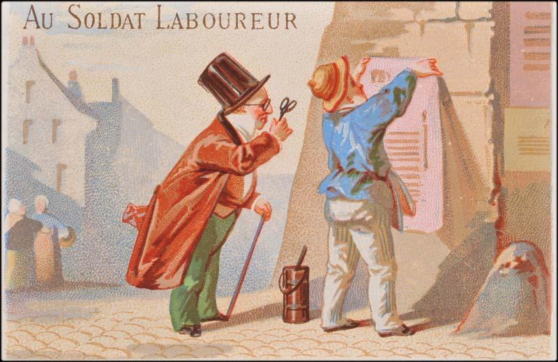 Homme avec des lunettes et une canne lit une affiche qu'un homme fixe sur le mur (titre factice)_0