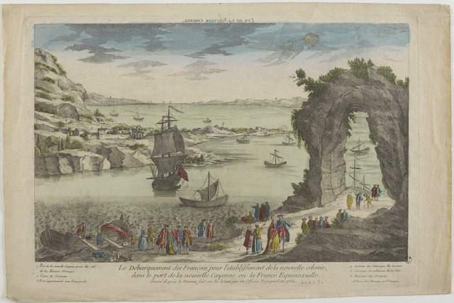 VUE DE LA NOUVELLE CAYENNE. (titre inscrit, en caractères inversés) ; Le Débarquement des François pour l'établissement de la nouvelle colonie, / dans le port de la nouvelle Cayenne ou la France Equinoxiale. (titre inscrit)_0
