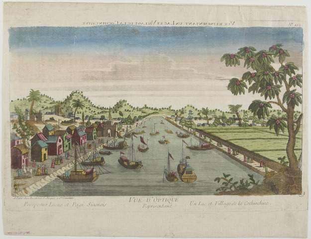 VUE REPRESENTANT UN LAC ET VILLAGE DE LA COCHINCHINE (titre inscrit, caractères inversés) ; VUE D'OPTIQUE Représentant / Prospectus Lacus et Pagi Sinensis / Un Lac et Village de Cochinchine. (titre inscrit)_0