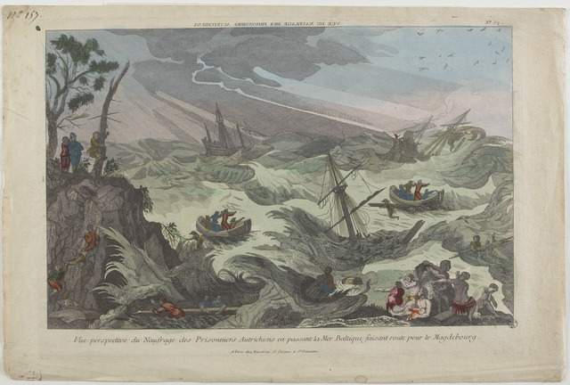 VUE DU NAUFRAGE DES PRISONNIERS AUTRICHIENS (titre inscrit, en caractères inversés) ; Vue perspective du Nauvrage des Prisonniers Autrichiens passant la Mer Baltique faisant route pour le Magdebourg. (titre inscrit)_0