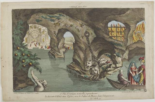 VUE DES ENFERS. (titre inscrit, en caractères inversés) ; 7e. Vüe d'Optique nouvelle, / representant la descente d'Oenée aux Enfers, avec le Palais de Pluton dans l'eloignement. (titre inscrit)_0