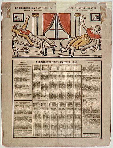 LE BIENHEUREUX SAINT LACHE, / PATRON DES PARESSEUX. / BONNE SAINTE FAINEANTE, PROTECTRICE DES PARESSEUSES / CALENDRIER POUR L'ANNEE 1835 (titre inscrit)_0