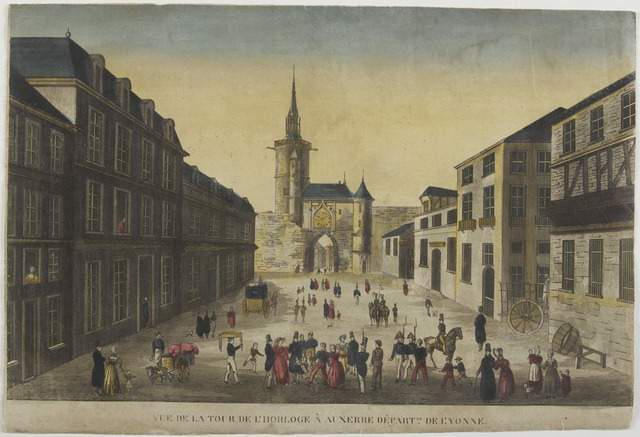 VUE DE LA TOUR DE L'HORLOGE A AUXERRE DEPT. DE L'YONNE. (titre inscrit, en caractères inversés) ; VUE DE LA TOUR DE L'HORLOGE A AUXERRE DEPARTNT. DE L'YONNE. (titre inscrit)_0