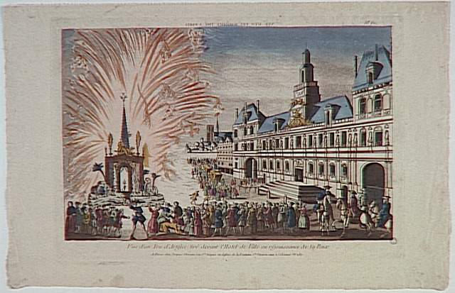 VUE D'UN FEU D'ARTIFICE TIRE A PARIS (titre inscrit, en caractères inversés) ; Vue d'un Feu d'Artifice tiré devant l'Hotel de Ville en réjouissance de la Paix (titre inscrit)_0