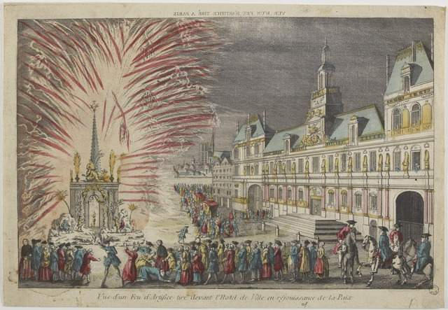 VUE D'UN FEU D'ARTIFICE TIRE A PARIS (titre inscrit, en caractères inversés) ; Vue d'un Feu d'Artifice tiré devant l'Hôtel de Ville en réjouissance de la Paix (titre inscrit)_0