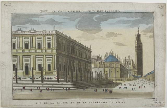 VUE DE LA BOURSE ET DE LA CATHEDRALE DE SEVILLE. (titre inscrit, en caractères inversés)_0
