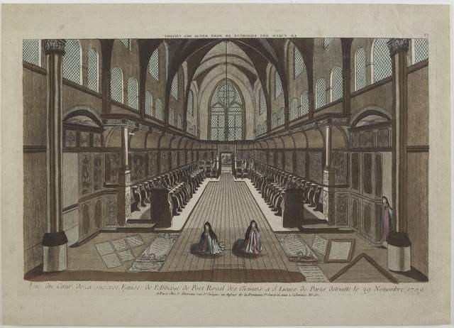 LE COEUR DES RELIGIEUSES DE PORT ROYAL DES CHAMPS (titre inscrit, en caractères inversés) ; Vue du Cour de la superbe Eglise de Port Royal des Champs à 5 Lieues de Paris detruitte le 29 Novembre 1709 (titre inscrit)_0
