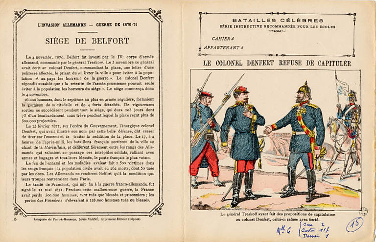 BATAILLES CÉLÈBRES / SÉRIE INSTRUCTIVE RECOMMANDÉE POUR LES ÉCOLES / LE COLONEL DENFERT RESUSE DE CAPITULER (titre inscrit)_0