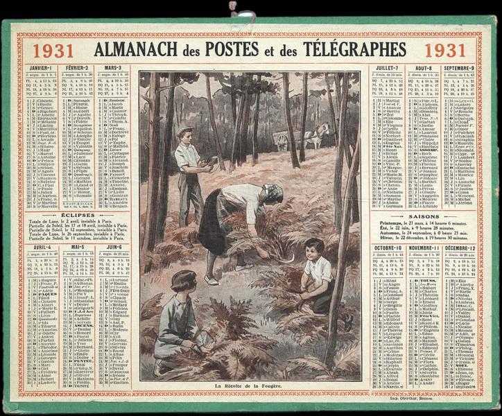 ALMANACH des POSTES et des TELEGRAPHES / La Récolte de la Fougère (titre inscrit)_0