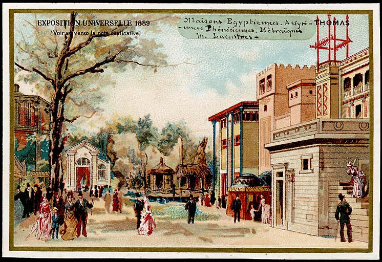EXPOSITION UNIVERSELLE 1889 / Histoire de l'Habitation à gauche Panorama Poilpot, au fond Rochers, les Lacustres / et à la suite Maisons Egyptiennes, Assyrienne, Phénicienne et Hébraïque. (titre inscrit)_0
