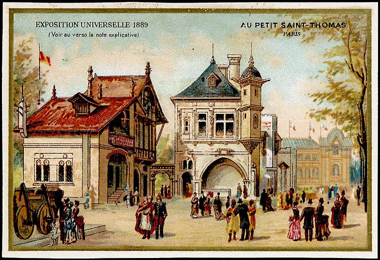 EXPOSITION UNIVERSELLE 1889. Histoire de l'Habitation. - Chariot Gaulois, Maisons Romanes, / Gothique, Renaissance, Arabe, et dans le fond Restaurant Duval. (titre inscrit)_0