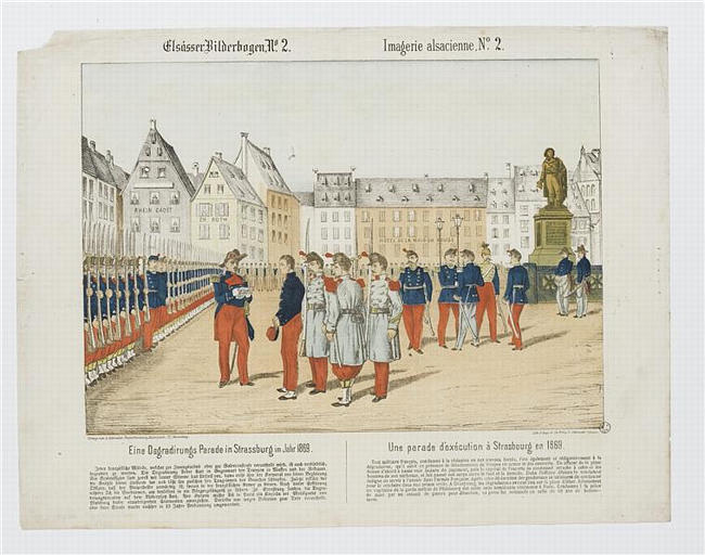 Une parade d'exécution à Strasbourg en 1869 (titre inscrit, français, allemand, gothique)_0