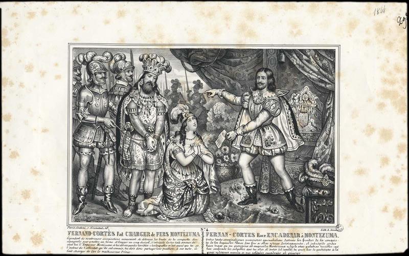 FERNAND CORTES FAIT CHARGER DE FERS MONTEZUMA (titre inscrit, français, espagnol)_0